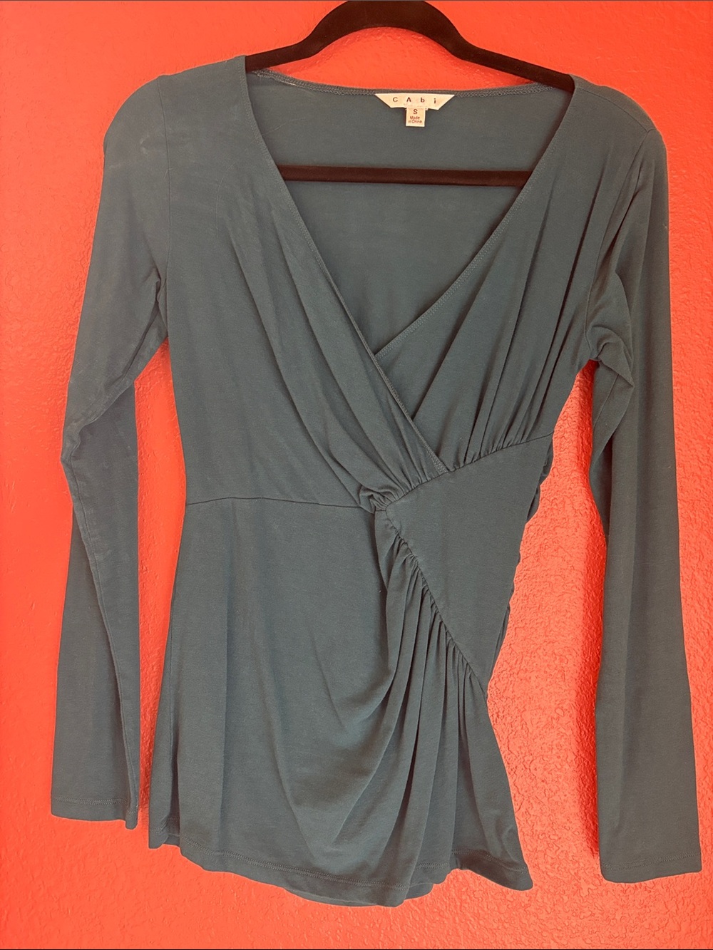 CAbi Teal Faux-Wrap Long Sleeve Top with Side Ruched Detail